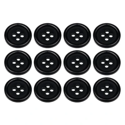 Image of Pack of 12 Black Sew on 15mm Round Buttons Flat 4 Holes 24L 24 Ligne
