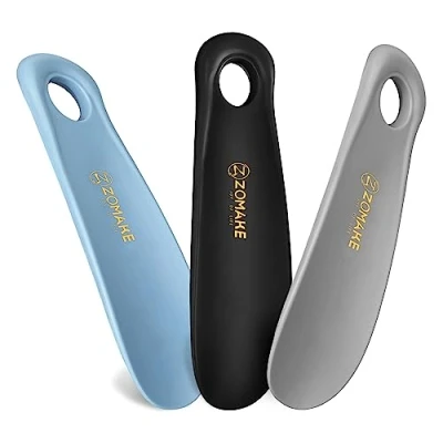 Image of ZOMAKE Small Shoe Horn Plastic Shoehorn 18.5cm,Lazy Helper Short Horns With Hook For Men Women The Elderly Kids (3Pcs Blue&amp;Black&amp;Gray)