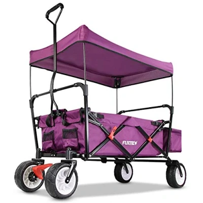 Image of FUXTEC folding/foldable wagon hand cart garden trolley carriage of children outdoor transport beach loose ground removable canopy pull handle 4 wheels rear bag cover CT350