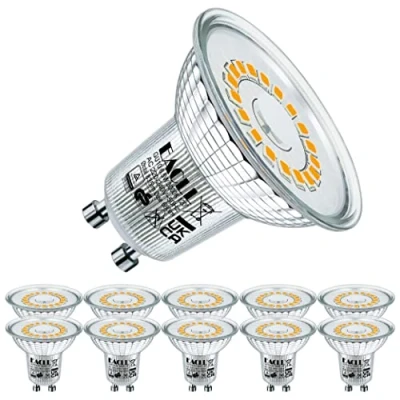 Image of EACLL GU10 LED Bulbs Warm White 6.5W Replaces 90W Halogen Bulbs, Pack of 10, 835 Lumen 3000K, AC 230 V Flicker Free Spotlight Beam Angle 120 Spot, Non Dimmable Shorter Reflector Lamps