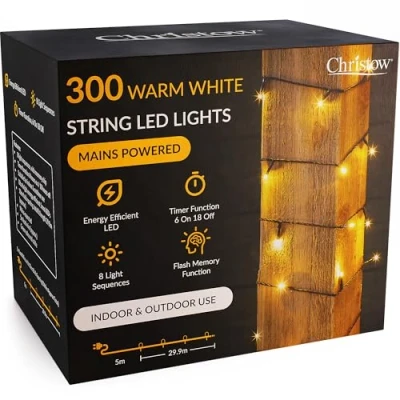 Image of CHRISTOW Christmas Fairy Lights, Warm White LED String Lighting with Timer, Indoor &amp; Outdoor, Tree Mains Operated, 8 Light Modes Flashing Static, Green Cable (300 / 30m Lit Length)