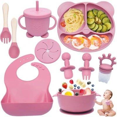 Image of Dazhtu 10 pcs Baby Weaning Set Silicone Feeding with Suction Bowl, Adjustable Bib,Cup,Fork &amp; Spoo,Baby Plate,Silicone Plate Baby, Food Kit, Ideal for Gifts, Pink