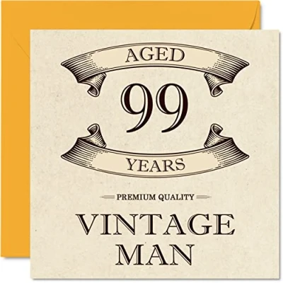Image of Vintage 99th Birthday Cards for Men Aged 99 Years Fun Card Grandpa Dad Husband Uncle Brother Grandad, 145mm x Greeting Cards,