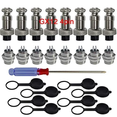 Image of QitinDasen 8Pcs Premium 4 Pin GX12 Aviation Connector, 5A 12mm Thread Male Female Panel Metal Wire Connector Plug Socket, with Rubber Protector Cap and Phillips Screwdriver