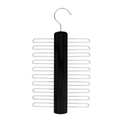 Image of Tie Hanger for Wardrobe Wooden Organiser Men with 20 Non Slip Chrome Bars Stylish Rack Holder 360 Swivel Hook Sophisticated Storage (Black)