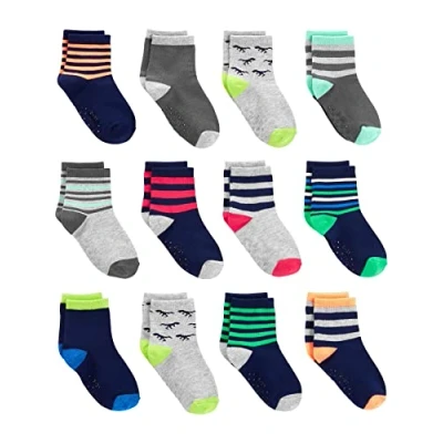 Image of Simple Joys by Carter&#039;s Baby 12 Pack Sock Crew, Multicolour/Dinosaur/Stripes, 4 Years (Pack of 12)