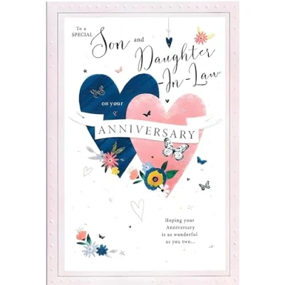 Image of Son and Daughter in Law Anniversary Card Love Hearts, Butterflies Flowers Special Finishes Illustrated Insert Leaf Made the UK