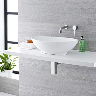Image of Milano Altham White Oval Countertop Bathroom Basin Sink Wall Mounted Mixer Tap 520mm x 320mm