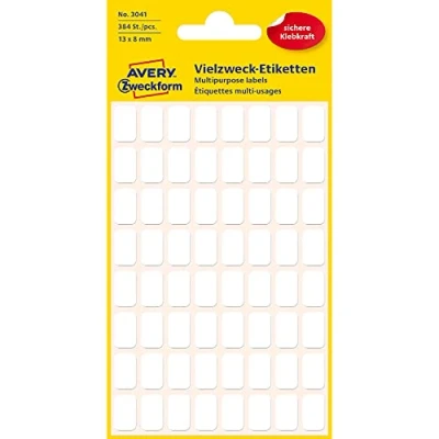 Image of AVERY Zweckform 3041 Household Labels Self Adhesive (13 x 8 mm, 384 Stickers on 6 Sheets, Multi Purpose for Household, School and Office Labelling Labelling) Blank, White