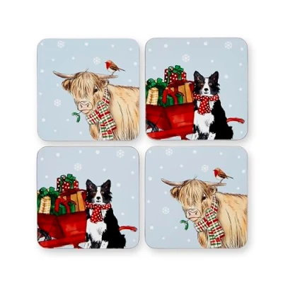 Image of Cooksmart Pack of 4 Drink Coasters British Designed Eco Cork Drinks For Modern Homes All Types Cups &amp; Mugs Christmas On The Farm