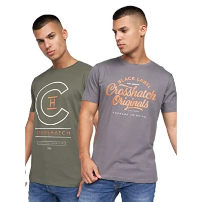 Image of Crosshatch Mens 2 Pack Premium Half Sleeve Crew Neck T Shirt with Letter Print Logo Design(S,UNIVARSITY Olive Grey)