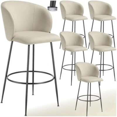 Image of TecTake® Set of 6 Bar Stools with Velvet Look Covers, Padded Stool Curved Backrests, Footrests &amp; Stable Steel Legs, Easy Assembly, Ideal as Dining Kitchen Island Cream/Black