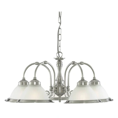 Image of American Diner 5 Light Multi Arm Ceiling Pendant Satin Silver, Acid Ribbed Glass, E27