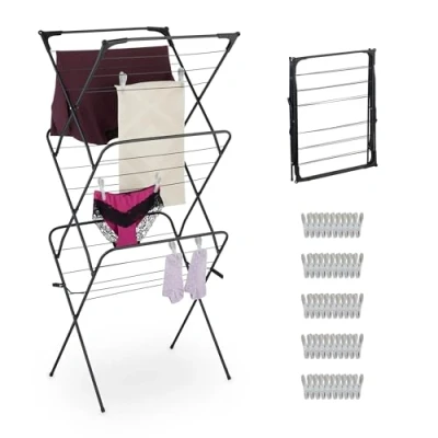 Image of Relaxdays Folding Clothes Horse, Sloping Levels, HWD: 138 x 63 49 cm, Tower Laundry, Metal Drying Rack, Black, Iron