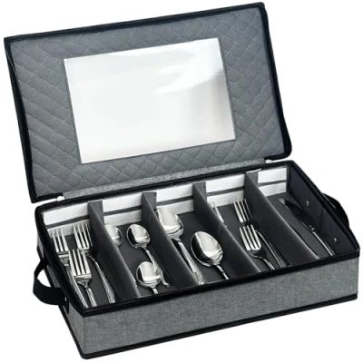 Image of VERONLY Silverware Storage Box Flatware Case Chest Box, 5 Compartment Tableware Cutlery Container with Removable PVC Lid and Easy to Carry Handles,Large Capacity Utensils(Light Grey)