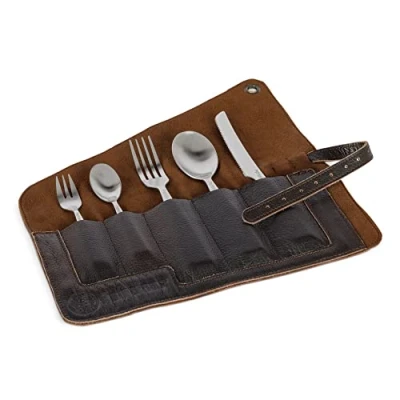 Image of Petromax Cutlery Bag for Travel and Camping Leather Roll Storage Transport with Metal Eyelet