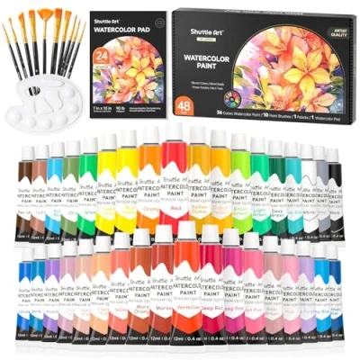 Image of Shuttle Art 48 Pack Watercolour Paint Set, 36 Colours in Tubes (12ml Each) with 10 Brushes, 1 Pad, Palette, Premium Kit for Artist, Beginners and Kids