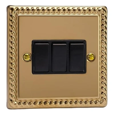 Image of Varilight XG3B Rocker Switches Georgian Brass Black 3 Gang,95x95x25mm