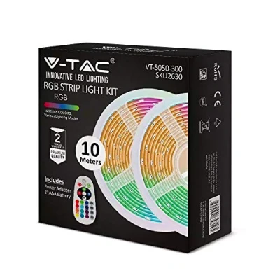 Image of V TAC LED Strip Lights 10 Metres RGB Colour Changing Lighting with BS Plug + Remote (2 AAA Batteries) Multicolour Mood for Home Decoration TV Kitchen DIY 5050 LEDs [Energy Class A+++]