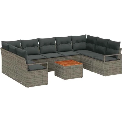 Image of vidaXL 10 Piece Garden Sofa Set with Cushions Grey Poly Rattan Acacia