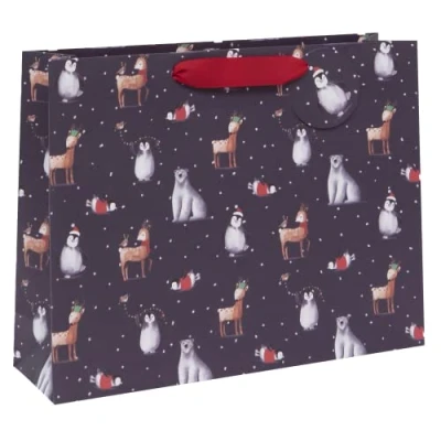 Image of Glick Luxury Christmas Bag for Gifts at Xmas, Large Landscape Frosty Friends Midnight Gift Bag, Navy