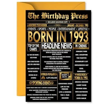 Image of Gold 32nd Birthday Card for Men Women Black &amp; Golden Newspaper Born in 1993 Happy 32 Cards Sister Neighbour Brother Wife Son Nephew, 5x7 Inch Bday Greeting