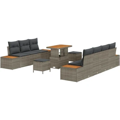 Image of vidaXL 10 Piece Garden Sofa Set with Cushions Grey Poly Rattan Acacia