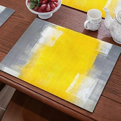 Image of Table Mats Yellow Grey Geometric Placemats Set of 6 Place Tablemat flax Heat resistant Proof Placemat Stain Non slip Waterproof Dinner Decor