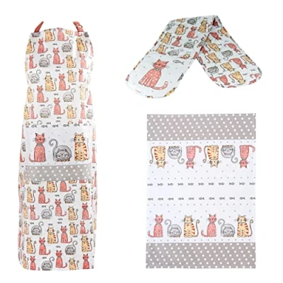 Image of SPOTTED DOG GIFT COMPANY Tea Towel, Apron and Oven Gloves Set of 3, 100% Cotton Quality Cat Themed Cooking Baking Kitchen Accessories, Gifts for Lovers Women Men (Cute Cats, Multicolor)