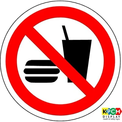 Image of ISO Safety Label Sign International No Eating and Drinking Symbol Self Adhesive Sticker 200mm Diameter