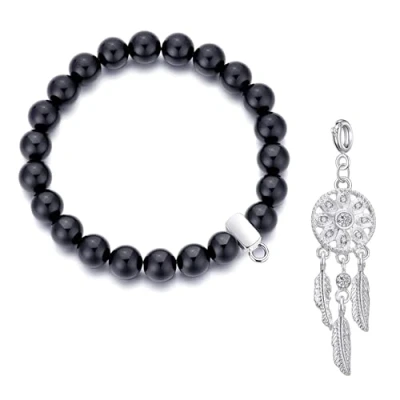 Image of Philip Jones Black Onyx Gemstone Bracelet with Dream Catcher Charm Created Zircondia® Crystals