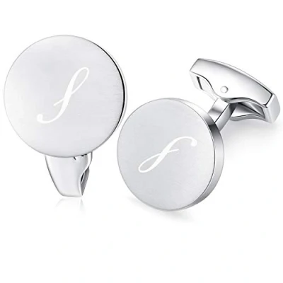 Image of Honey Bear Initial Alphabet Letter Cufflinks for Men, Silver Round Shape Stainless Steel Wedding Business Gifts A Z (S)