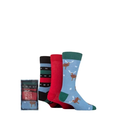 Image of Mens 3 Pair SOCKSHOP Wildfeet Winter Wonderland Christmas Gift Boxed Socks Stag 7 11
