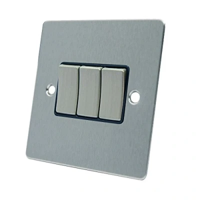 Image of AET FSC3GSWIBS Satin Chrome Flat Black Insert Metal Rocker Switches 10 Amp Triple 3 Gang 2 Way Light Switch, 240 V
