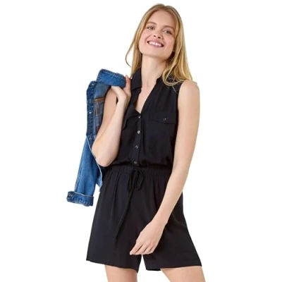 Image of Roman Womens Button Through Utility Playsuit Black Size 20 UK