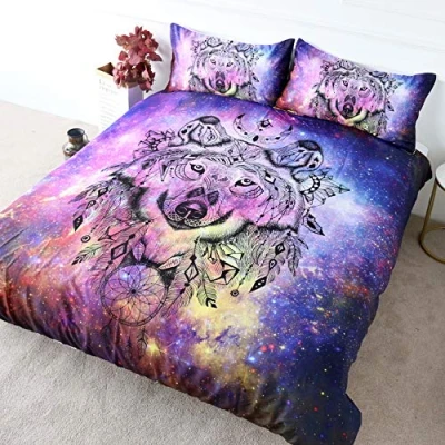 Image of BlessLiving Galaxy Wolf Bedding Pink Blue Purple Nebula Space Duvet Cover set 3 Pieces Dream Catcher Cosmic (Super King)