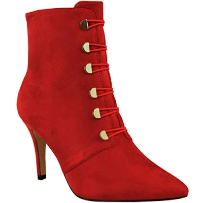 Image of Fashion Thirsty Womens Ladies Low Mid Block Heel Ankle Boots Smart Office Work Button Tie Up Size Red Faux Suede Gold