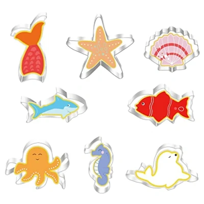 Image of Belons 8 Pcs Sea Animals Cookie Cutter Set, Starfish Seashell Shark Stainless Steel Biscuit Cutters for Fondant Cake Decoration Icing Pastry Sugarcraft DIY Baking