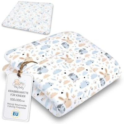 Image of Crawling mat for Baby Play 100x100 cm Padded Large Thick Foldable playpen Insert Made of Cotton Owls Light Gray