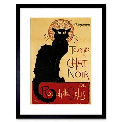 Image of Wee Blue Coo Black Cat Chat Noir Rodolphe Salis Paris France Vintage Framed Wall Art Print