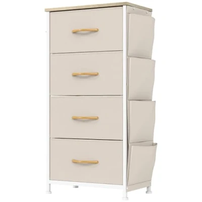 Image of YITAHOME Chest of Drawers with 4 Drawers, Fabric Cabinet Side Pocket&amp;Hooks,Easy Pull Handle,Sturdy Steel Frame,Storage for Bedroom, Kids Room, Closet, Clothes,Beige