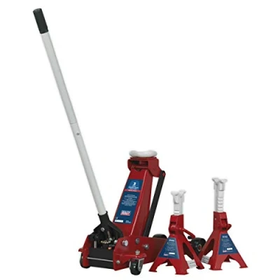 Image of Sealey Trolley Jack 3 Tonne Standard Chassis with Axle Stands (Pair) 3tonne Capacity per Stand