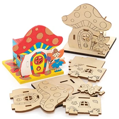 Image of Baker Ross FE653 Fairy House Wooden Model Kit Pack of 3, Tealight Holder to Decorate and Display, Crafts for Children, Ideal Kids Arts Project