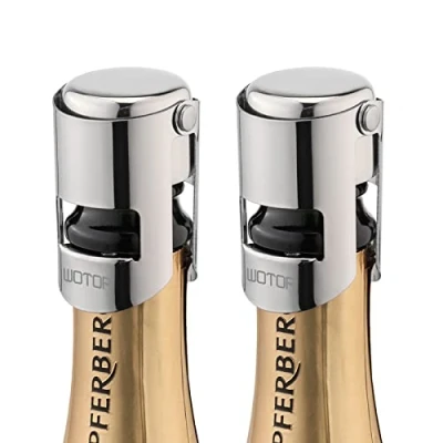 Image of WOTOR Champagne Stoppers with Stainless Steel Bottle Stopper Food Grade Silicone Reusable Cork, Saver Suitable for Champagne, Cava, Prosecco, Sparkling Wine (Silver, 2pack)