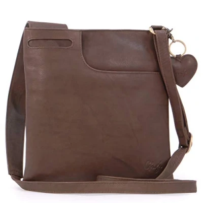 Image of Gigi Women&#039;s Small Leather Crossbody Bag Slim Shoulder With Adjustable Strap Heart Keyring Charm OTHELLO 2057 Dark Brown