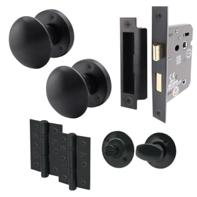 Image of EAI Matt Black Round Victorian Mortice Door Knobs and Bathroom Lock Set 55mm