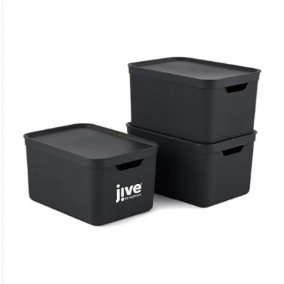 Image of Jive Dekobox Set of 3 Storage Box 16l with Lid, Plastic (PP Recycled), Dark Grey, 3x16l (36.5 x 27 cm)