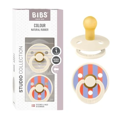 Image of BIBS Colour Studio Soother 2 Pack, BPA Free Dummy Pacifier, Round Nipple. Natural Rubber Latex, Made in Denmark, Size 1 (0 6 Months), Pin Ivory Vanilla