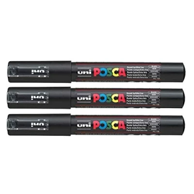 Image of Posca PC 1M Black Colour Extra Fine Paint Marker Pens 1mm Bullet Tip Nib Writes On Any Surface Glass Metal Wood Plastic Fabric (Pack Of 3)