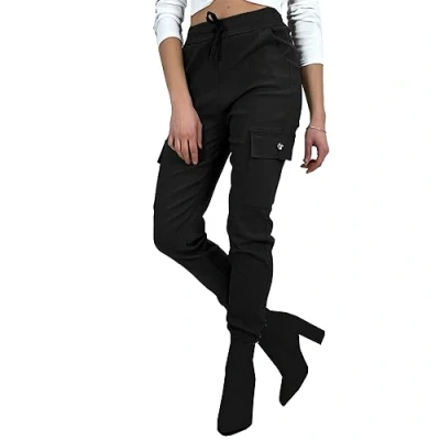 Image of Want Clothing Women&#039;s Button Cargo Pocket Denim Look Stretch Fit Combat Trousers Joggers Pants (UK, Alpha, L, XL, Regular, Black)